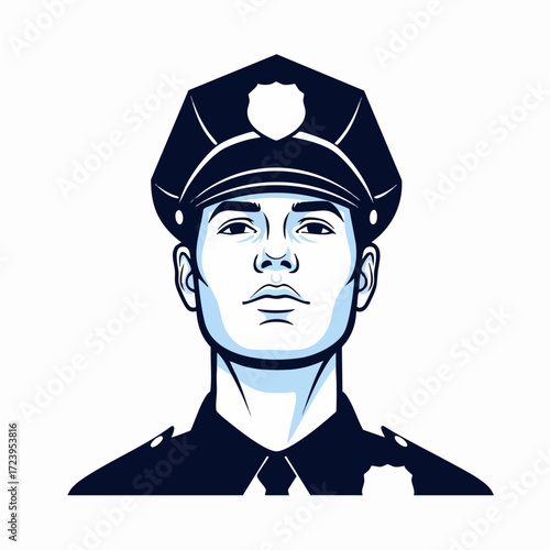 A stylized illustration of a police officer wearing a dark blue uniform and cap with a badge.