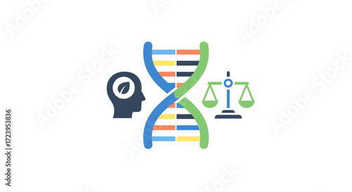 Bioethics Concept with DNA Helix and Scales of Justice.