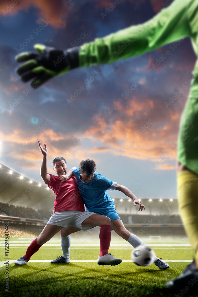 Obraz premium Tackling the ball. Professional soccer players in action. Soccer championship. Soccer arena full of fans. Sports concept. Sunset on stadium. Soccer. Vertical