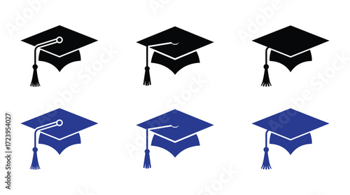 Set of graduation caps, three black and three blue, isolated on white background