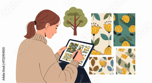 A woman artist is designing floral patterns on a tablet, surrounded by inspiration images of trees and flowers.