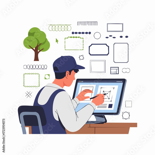 A graphic designer working on a computer, surrounded by design elements and tools, illustrating the creative process.