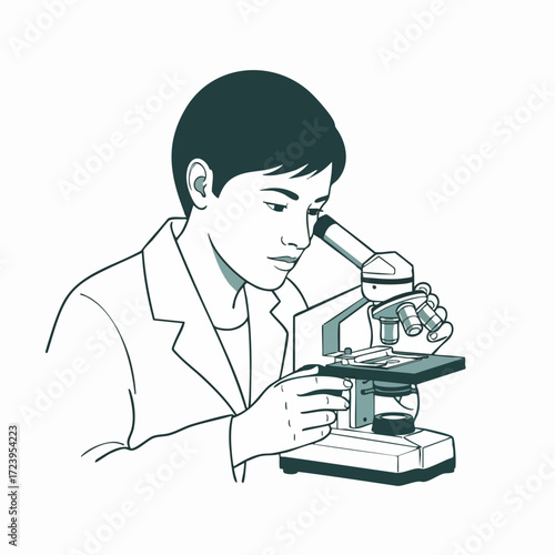 A young person in a lab coat intently observes a specimen under a microscope, adjusting the focus with their hands.