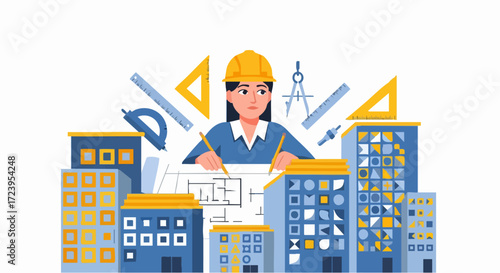 A female architect wearing a hard hat, surrounded by blueprints, drafting tools, and a cityscape of modern buildings.
