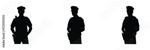 Silhouette of a police officer in uniform, standing and isolated on white background