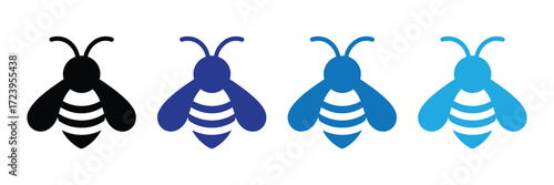 Four stylized bee icons in different shades of blue and black, isolated on a white background