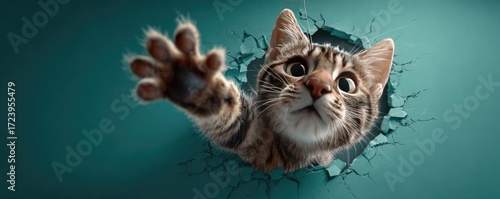 A tabby cat's paw reaching through a cracked teal wall
