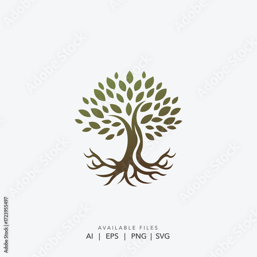 Minimalist line art leaves and hands logo vector, Vintage rustic tree and roots emblem design, Organic wellness branding icon template