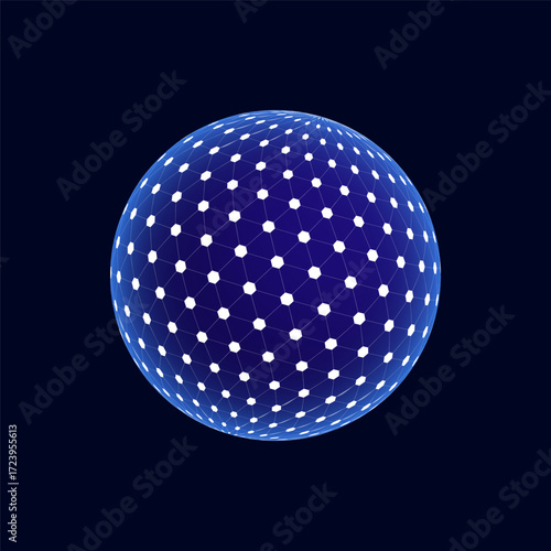 A transparent sphere, the surface of which is covered with a grid of numerous white hexagons and connecting lines. The figure emphasizes the combination of science, technology, and art.
