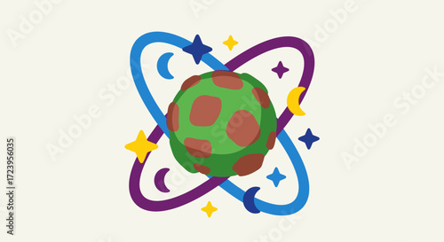 Celestial Body in Orbit with Stars and Moons.