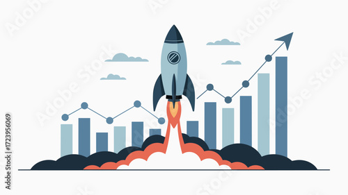A launching rocket with flames emerges from financial growth charts, symbolizing startup success and business development.