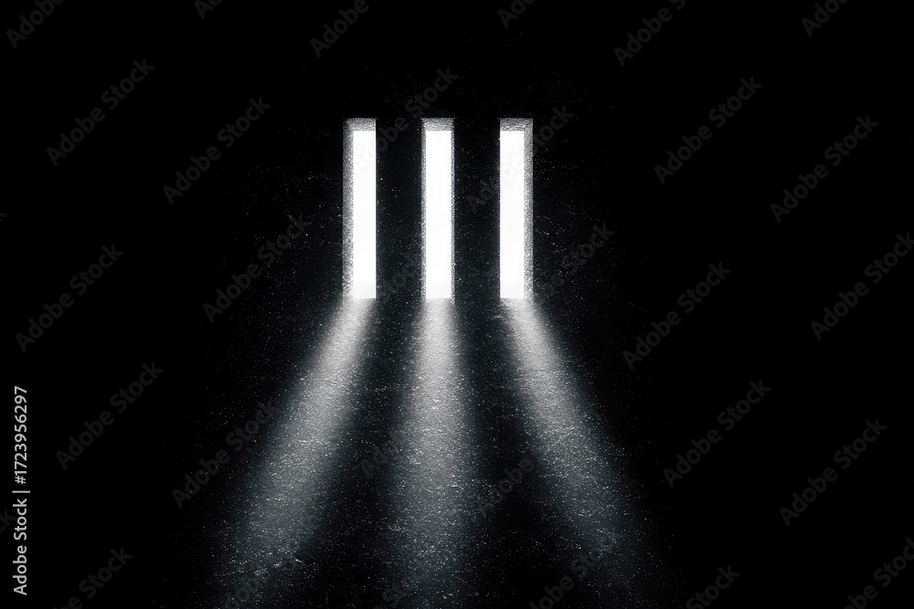 Naklejka premium Three illuminated windows in a dark cell