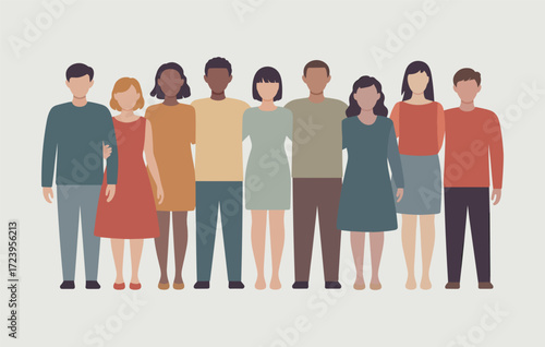 A diverse group of men and women stand together, illustrating community and unity.