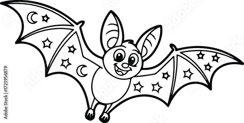 Adorable cartoon bat flying with stars and moons