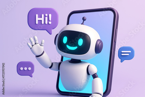Cute 3D robotic assistant waving hi from a mobile phone screen with various purple chat and user icons in the background