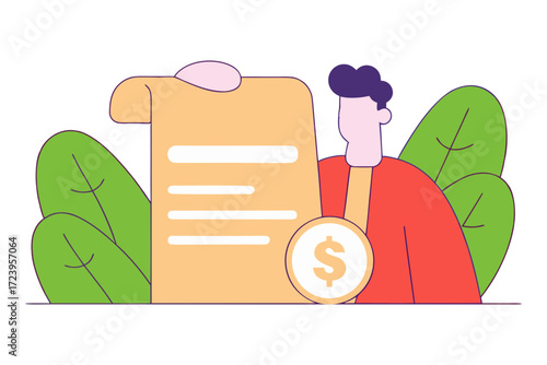Person holding financial document with dollar coin isolated on transparent background
