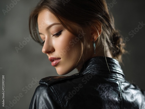 Profile of a pensive young woman in leather jacket with closed eyes or looking down. Conveys contemplation, inner peace, and dreamy reflection.