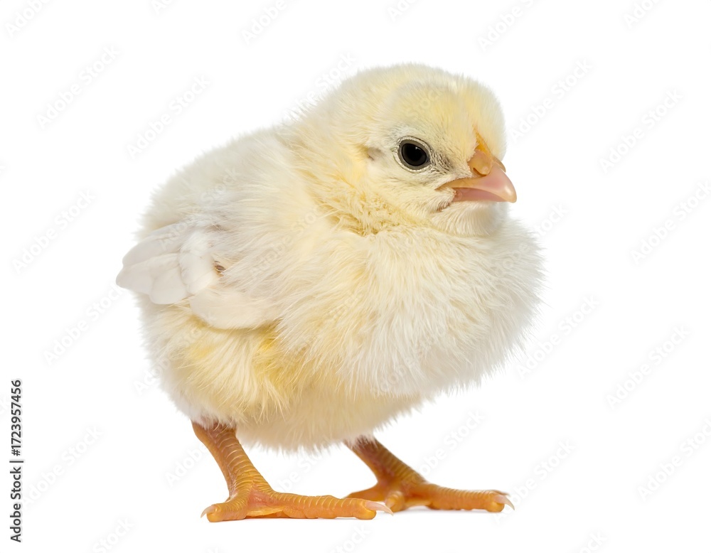 Fototapeta premium Fluffy yellow chick against white (1)