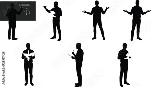 teacher, presenter, lecturer, professor, trainer, business, professional, silhouette, chalkboard, math, triangle, book, folder, icon, vector, illustration, black, white, education, staff, design