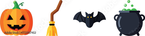 Halloween set with pumpkin, broom, bat and cauldron for halloween party invitation or banner design