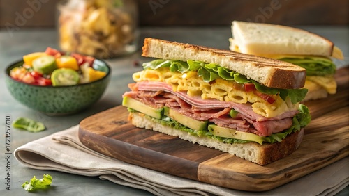 Wallpaper Mural Hearty stacked deli sandwich overflowing with meats cheeses and fresh greens served with a vibrant fruit salad Torontodigital.ca