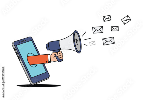 This illustration shows a hand emerging from a smartphone holding a megaphone to announce news and emails.