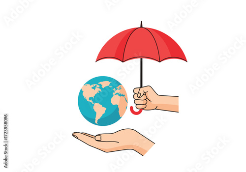 Protecting the planet with a red umbrella from above.