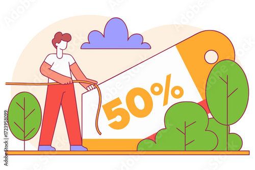 Man pulling a 50 percent discount tag isolated on transparent background