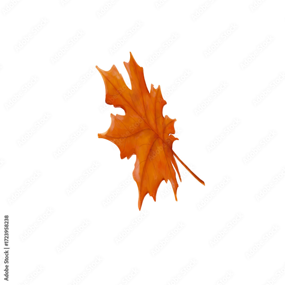 Fototapeta premium A single bright orange maple leaf symbolizing autumn and seasonal change. Perfect for fall designs, botanical art, nature decoration, and seasonal illustrations.