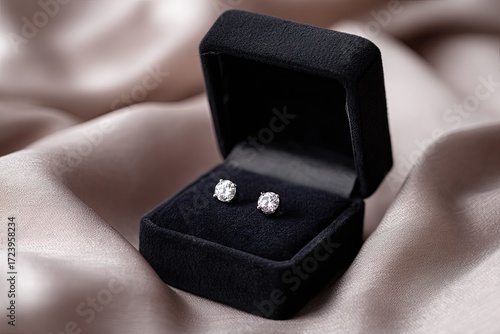 Elegant diamond stud earrings in a black velvet box on a soft silk background