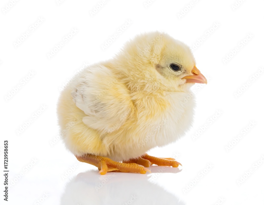 Fototapeta premium Fluffy yellow chick, profile view