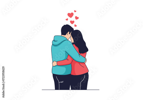 A loving couple embraces each other with hearts above them.