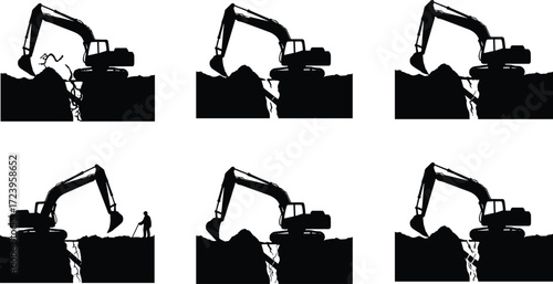 Excavator silhouette construction machinery digging trench pipeline repair underground cable maintenance earthmoving industrial heavy equipment vector illustration design