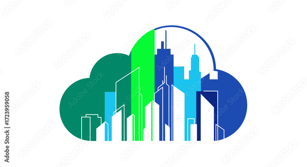 Fototapeta premium Cloud computing city skyline illustration representing modern technology and urban development.