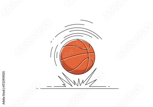 A basketball is bouncing up with motion lines after hitting the ground.