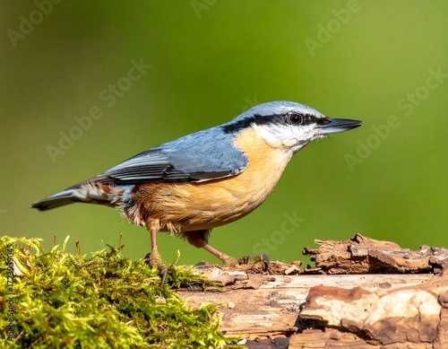 A nuthatch perched on a mossy log