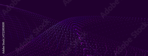 Futuristic dot wave. Abstract digital particle wave. Technology background. Colored musical wave. Dark background. Digital background with smooth, wavy curves. 3D vector illustration