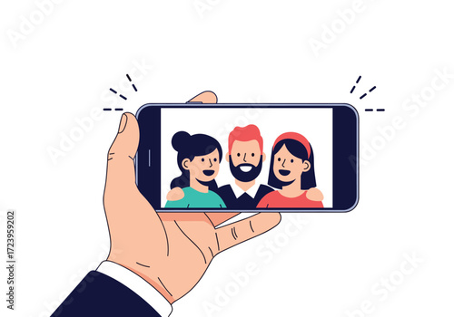A family takes a selfie using a smartphone and having fun together.