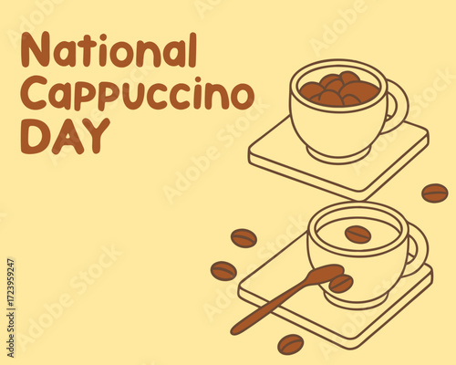 Celebrate National Cappuccino Day with Two Cups of Coffee and Scattered Coffee Beans