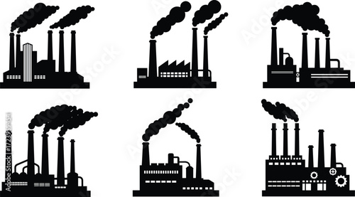 Factory silhouettes with chimneys and smoke, industrial buildings, power plants, heavy manufacturing industry, air pollution, environmental contamination illustration