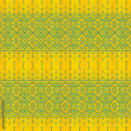 Vibrant Yellow and Teal Ethnic Tribal Pattern. Bold Geometric Diamond Seamless Textile. Traditional Folk Art Fabric Print. Hmong Ikat Style Wallpaper. African Vector Background.