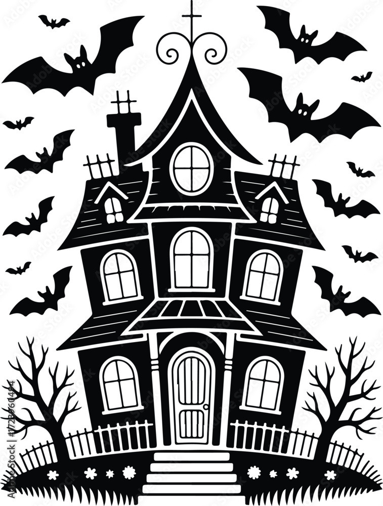 Fototapeta premium Spooky haunted house silhouette with flying bats