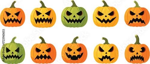 Collection of scary halloween pumpkin faces jackolanterns with various expressions for spooky season