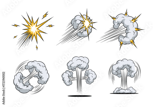 Collection of explosion effects and sound waves depicted in a comic book style.