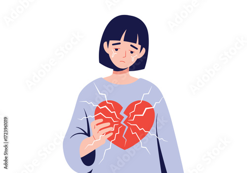 A young woman experiences emotional pain with a broken heart illustration.