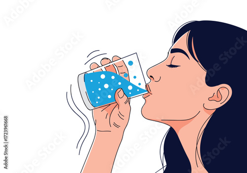 A young woman drinks water from a glass with blue liquid.