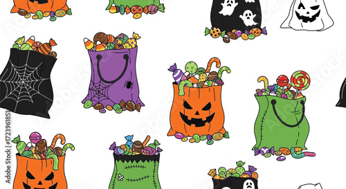Seamless pattern of halloween candy bags halloween with bags full of sweets of different colors