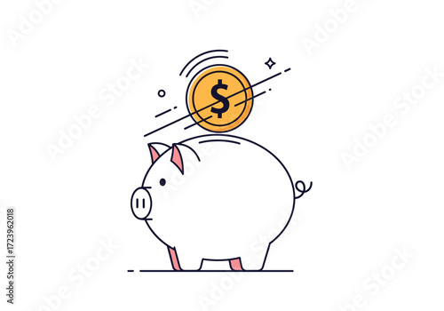 A white piggy bank with a gold coin being inserted into it. 