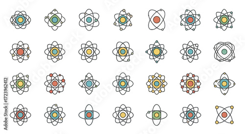 Collection of colorful atom icons and symbols.
