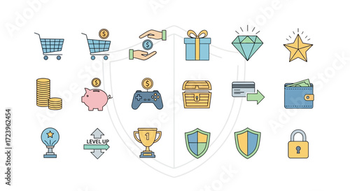 Collection of colorful e-commerce and finance icons on a white background.